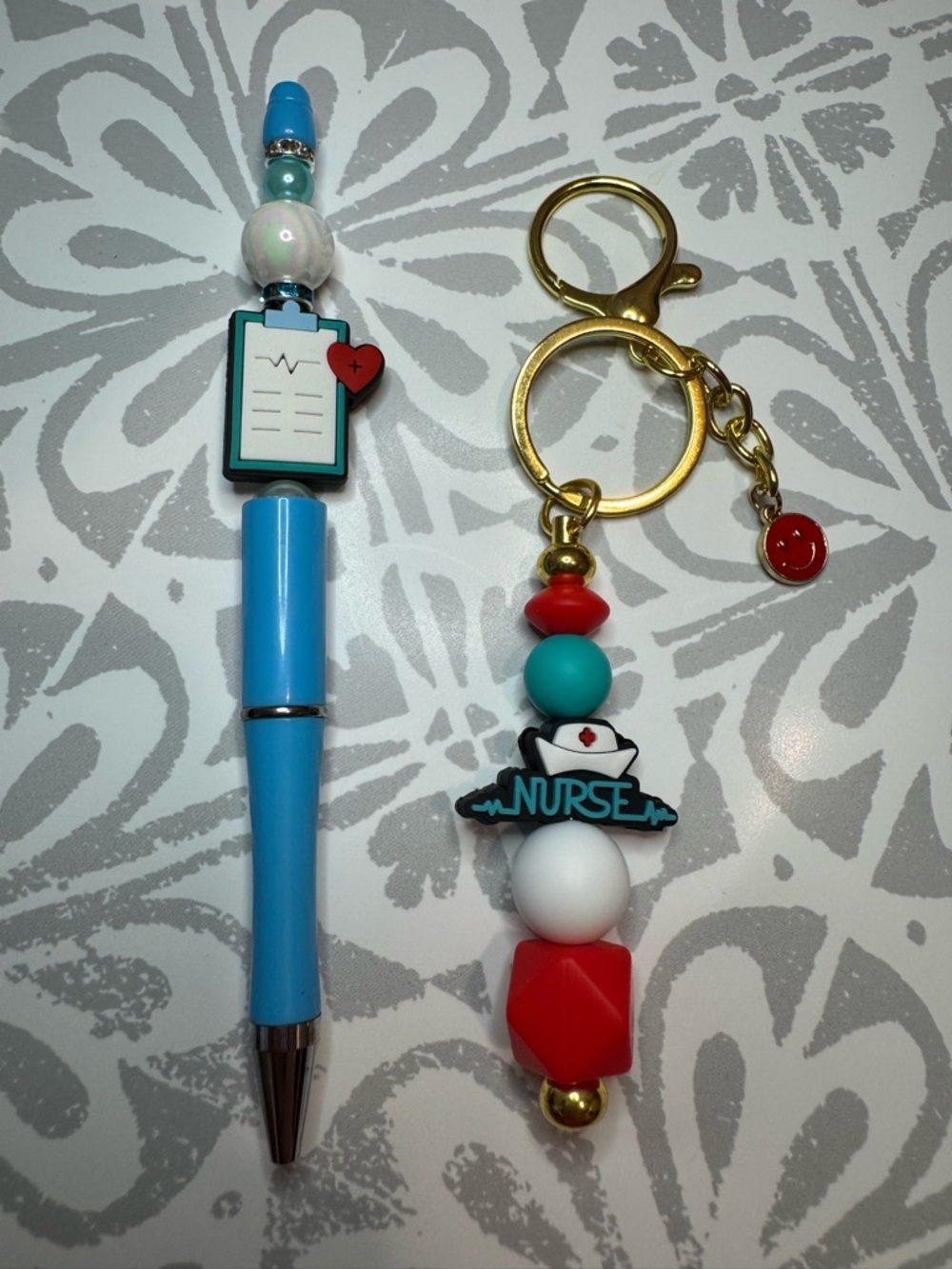 Nurse-Themed Blue and Red Beaded Key & Pen Set